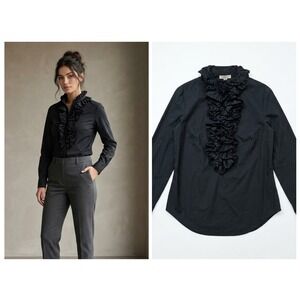 Moiselle Ruffle Front Blouse Women 4 Black Excellent Long Sleeve Cotton Stretch